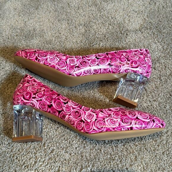 Reindee Lusion Pink Roses Transparent Block Mid Heel Round Toe Size 9.5 NEW - Picture 4 of 15